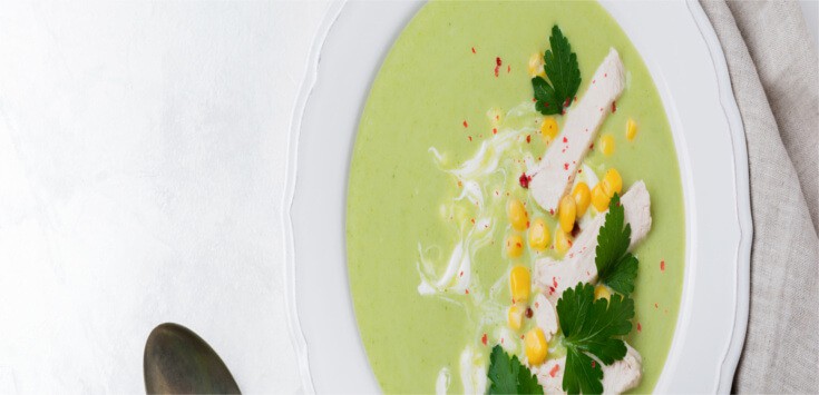 Crema de brócoli con maíz y jamón