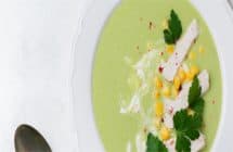 Crema de brócoli con maíz y jamón